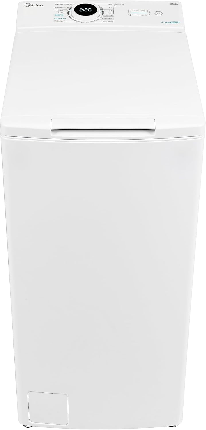 Midea Toplader Waschmaschine MF10ET70B / 7KG / A / 1200 U/min/BLDC Inverter Mortor/Dampffunktion/SoftOpener/XL Türöffnung/Kurz 15'&45' / Mehrere Temperaturoptionen/AquaStop, Weiß