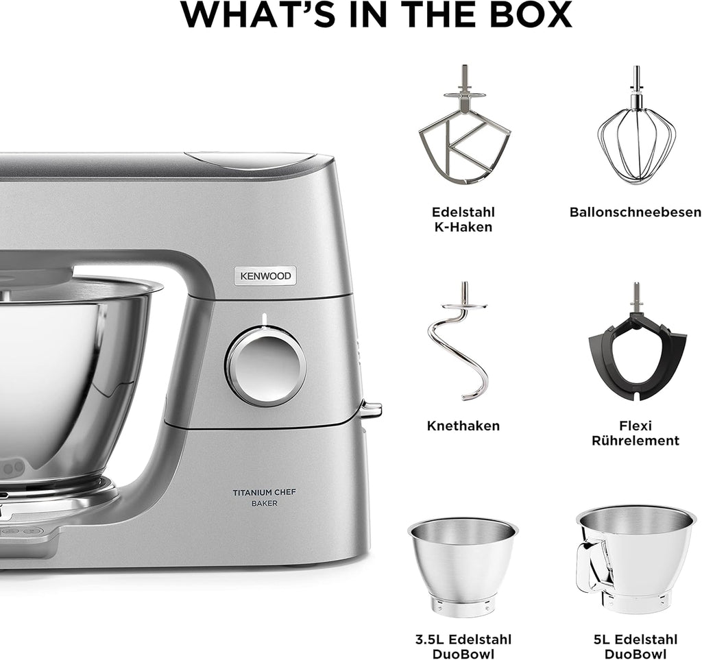 Kenwood Titanium Chef Baker KVL85.424SI Küchenmaschine mit integrierter Waage, inkl. 4-teiligem Patisserie-Set, 7 L und 5L Rührschüssel, stufenloser Geschwindigkeitsregler, 1200 W, Silber