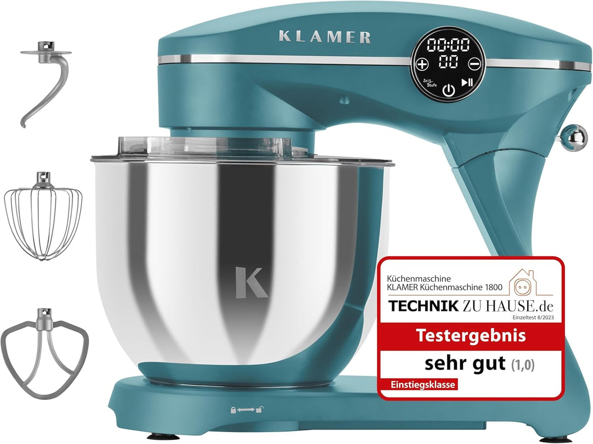KLAMER Küchenmaschine 1800W, Knetmaschine mit 6 Liter Edelstahl Schüssel, 10 Geschwindigkeitsstufen mit Timer, Rührbesen, Knethaken, Schneebesen und Spritzschutz
