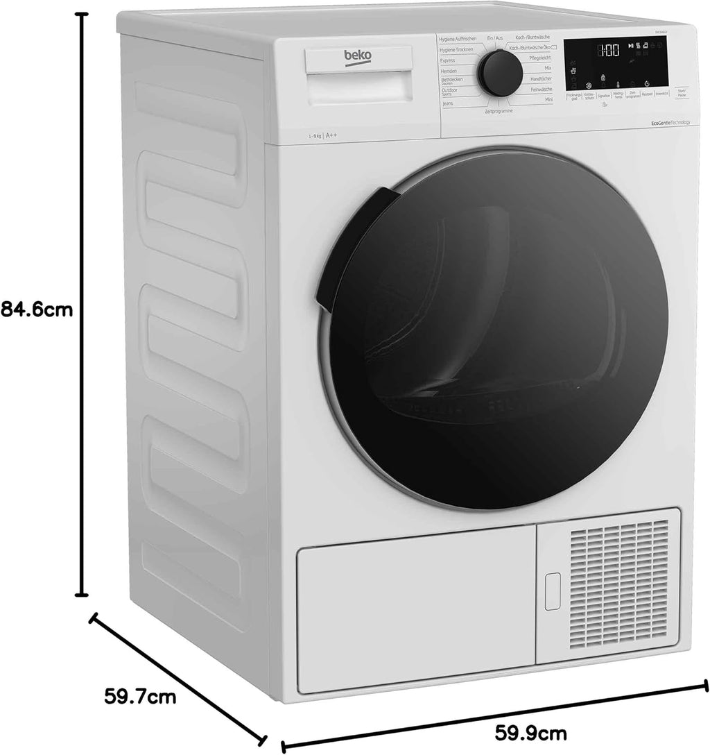 Beko DHC946GX b300 Wärmepumpentrockner, Wäschetrockner, 9 kg, Frontlader, AquaWave Schontrommel, Hygiene Trocknen & Hygiene Auffrischen, 15 Programme, Weiß