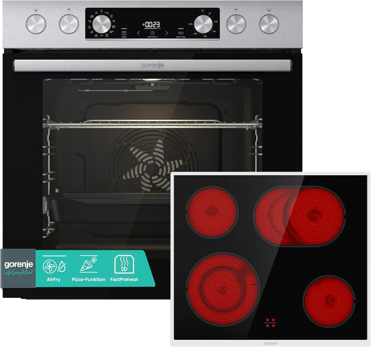 Gorenje Einbauherd-Set Heißluft Inox Set 4 mit Glaskeramik-Kochfeld / 77 Liter / ExtraSteam / GentleClose & Open / EcoClean / AirFry / PizzaMode / PerfectGrill / Teleskopauszüge / Inox-Look