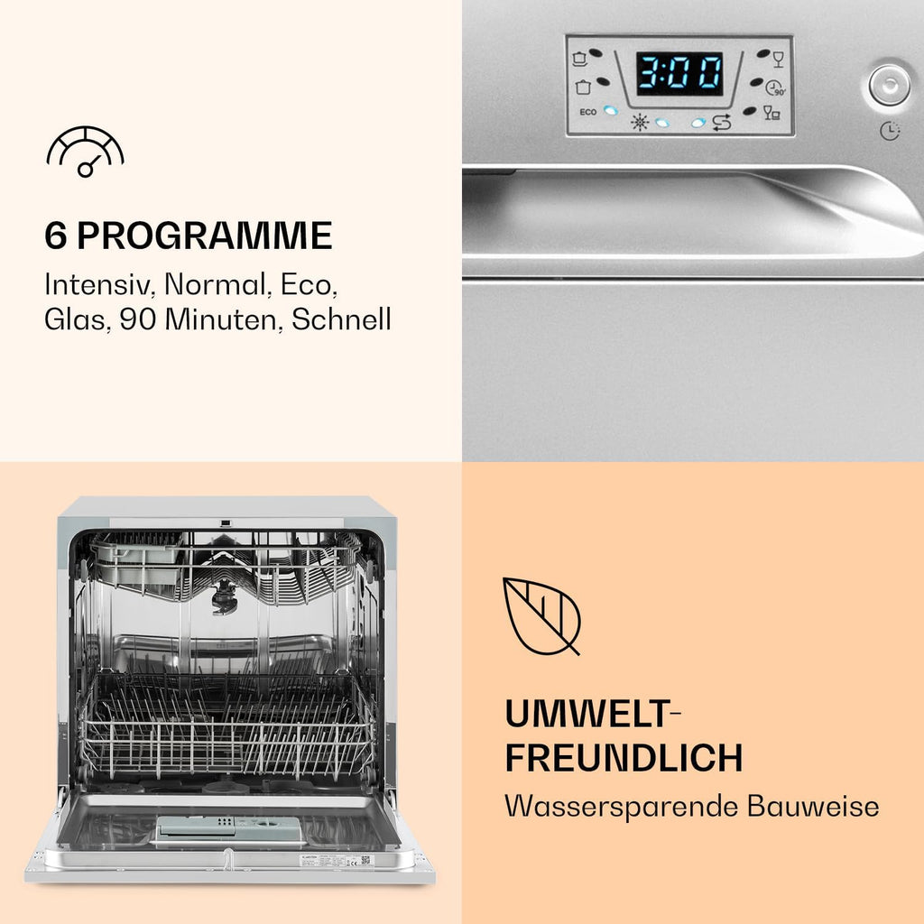 Klarstein  ia 8 - Spülmaschine, Geschirrspüler, Freistehend, Teilintegriert, F, 55 cm breit, 8 Maßgedecke, 6 Programme, Aquastop, silber