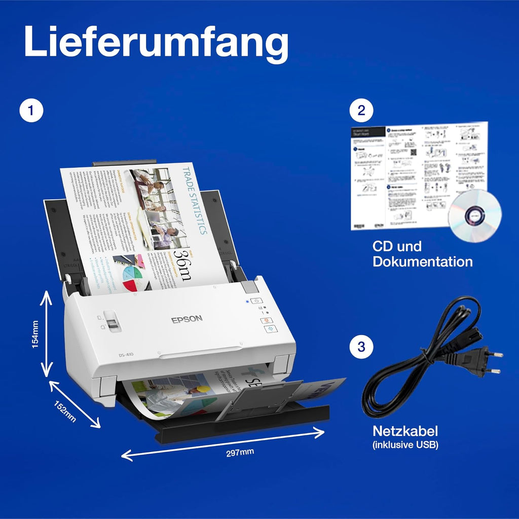 Epson WorkForce DS-410 Dokumentenscanner (Scanner, DIN A4, beidseitiges Scannen in einem Durchgang, 600dpi, USB 2.0)