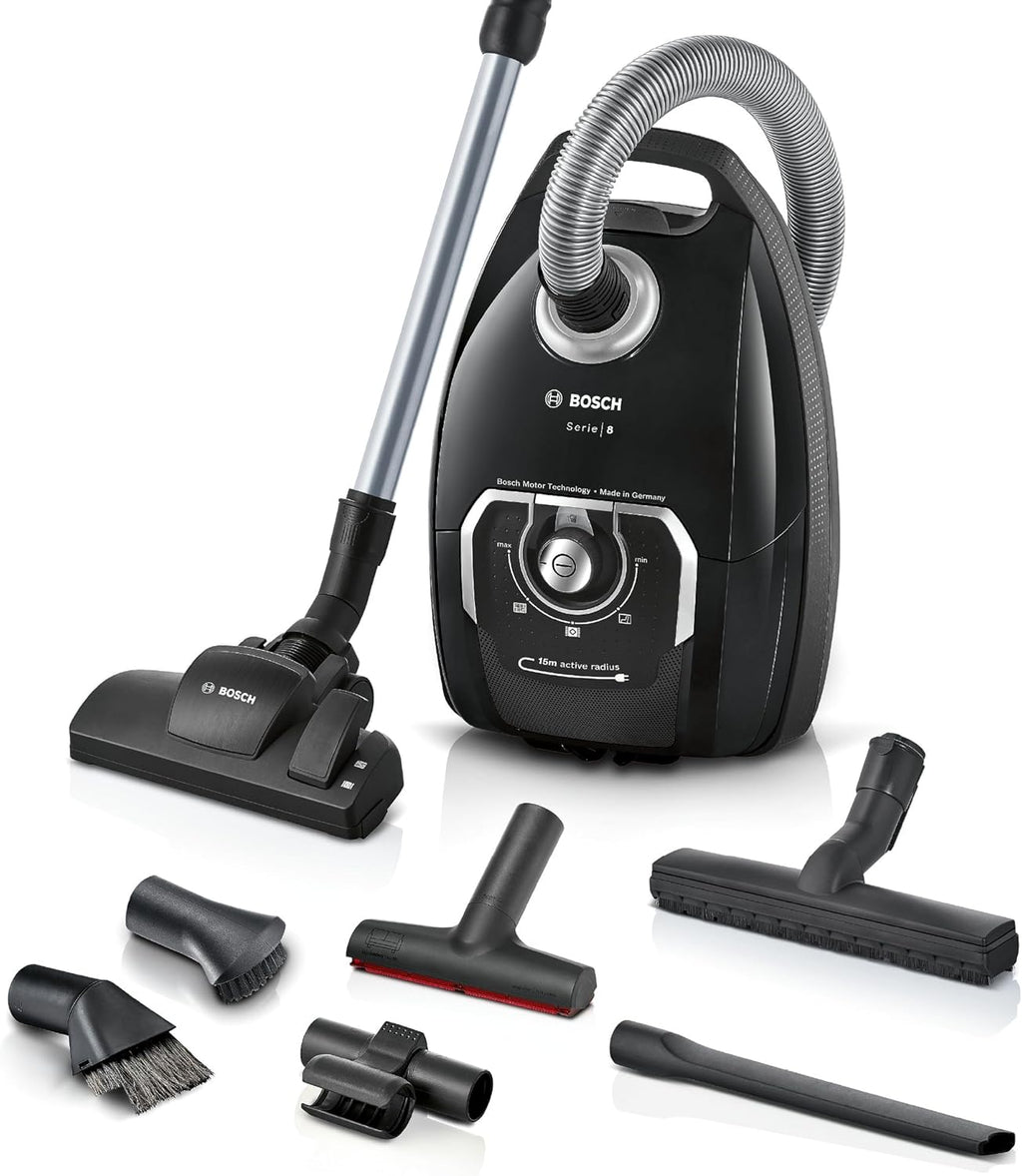 Bosch Staubsauger mit Beutel Serie 8 BGB75X494, Bodenstaubsauger, ideal für Allergiker, Hygiene-Filter, Bodendüse für Parkett, Teppich, Fliesen, langes Kabel, leise, 650 W, blau