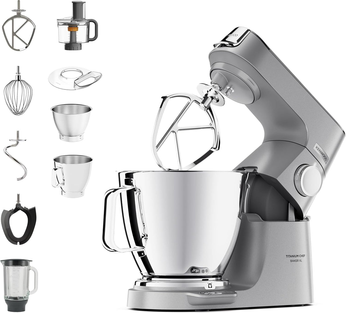 Kenwood Titanium Chef Baker KVL85.424SI Küchenmaschine mit integrierter Waage, inkl. 4-teiligem Patisserie-Set, 7 L und 5L Rührschüssel, stufenloser Geschwindigkeitsregler, 1200 W, Silber