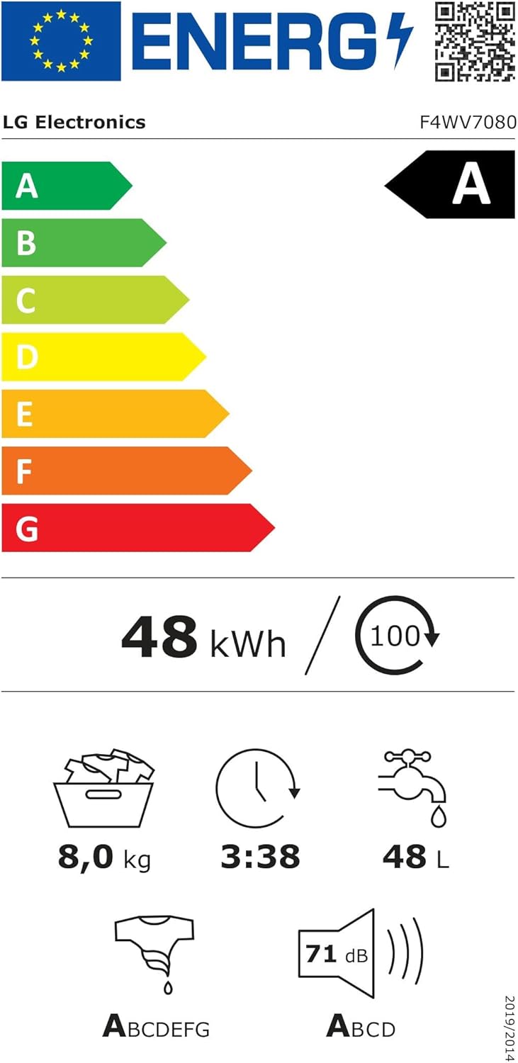 LG F4WV7080, Klasse A, Frontlader-Waschmaschine 8 kg, 1400 U/Min, AI Direct Drive, Wi-Fi, Tiefenreinigung mit Dampf, Groe Kapazitt, TRIPLE A, Auentür aus Sicherheitsglas, 62 x 60 x 85 cm Wei