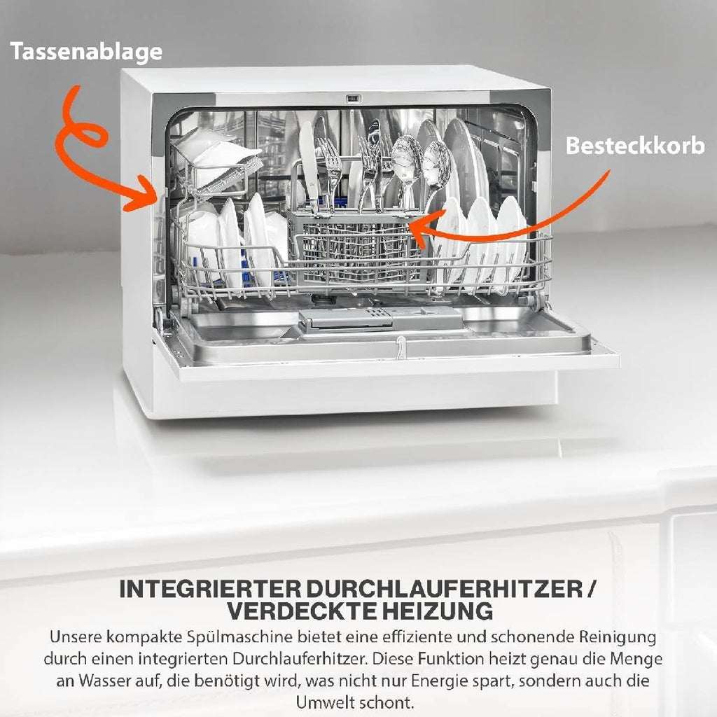 Bomann Mini Geschirrspüler mit Wasseranschluss | inkl. Schlauch | Tisch Geschirrspüler leise | Mini Spülmaschine für kleine Küchen/Camping | Spülmaschine klein m. Überlaufsicherung | TSG 7405 schwarz