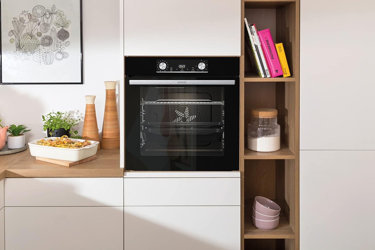 Gorenje 738971 Einbaubackofen-Set OptiBake Black Steam Pyro Set / 77L / Heißluft/Pyrolyse/ExtraSteam/GentleClose/AirFry/Pizzamode 300°C/PerfectGrill/Induktions-Kochfeld mit BridgeZone/schwarz