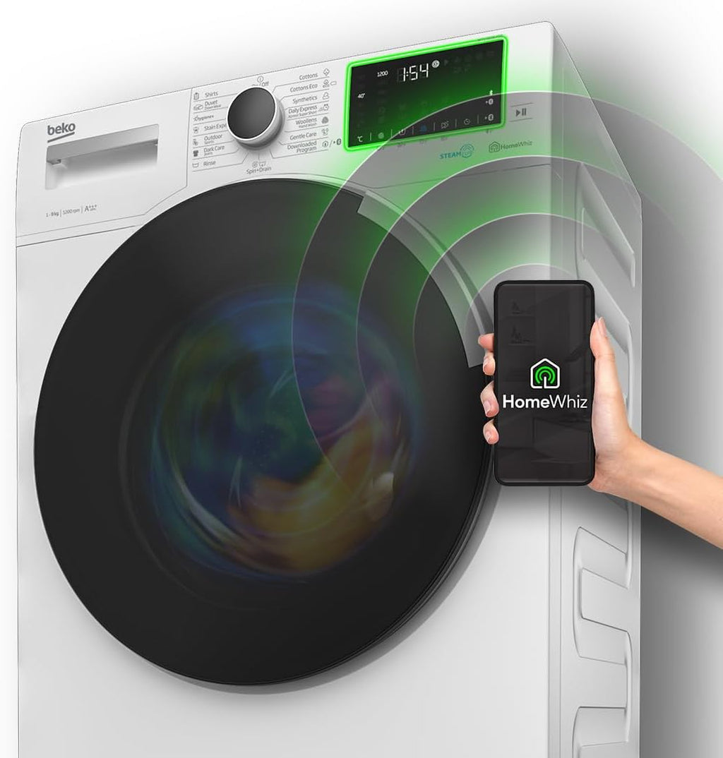 Beko WMC91464ST1 b300 Waschvollautomat, Waschmaschine, 9 kg, Bluetooth, ProSmart Inverter Motor, Dampffunktion, Pet Hair Removal, Watersafe+, Weiß
