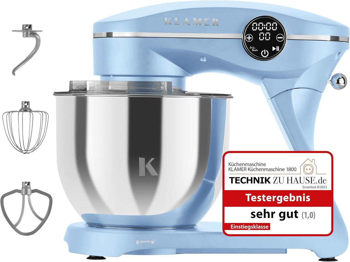 KLAMER Küchenmaschine 1800W, Knetmaschine mit 6 Liter Edelstahl Schüssel, 10 Geschwindigkeitsstufen mit Timer, Rührbesen, Knethaken, Schneebesen und Spritzschutz