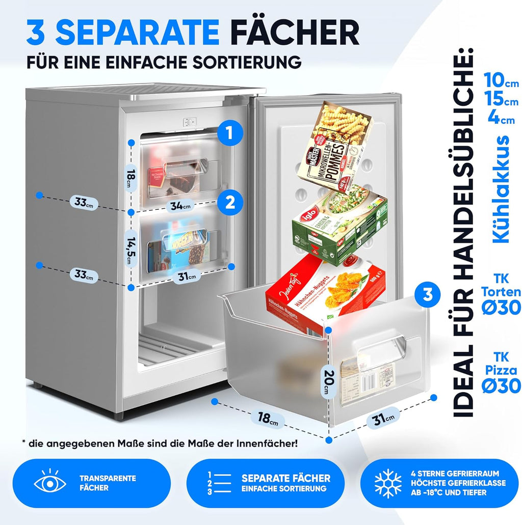 Stillstern Gefrierschrank C (73L) 4-Sterne-Gefrierfach -18°C, geringer Energieverbrauch, 3 Fächer, stufenlos regelbare Temperatur, wechselbarer Türanschlag, Gefrierschrank Klein, Tiefkühlschrank