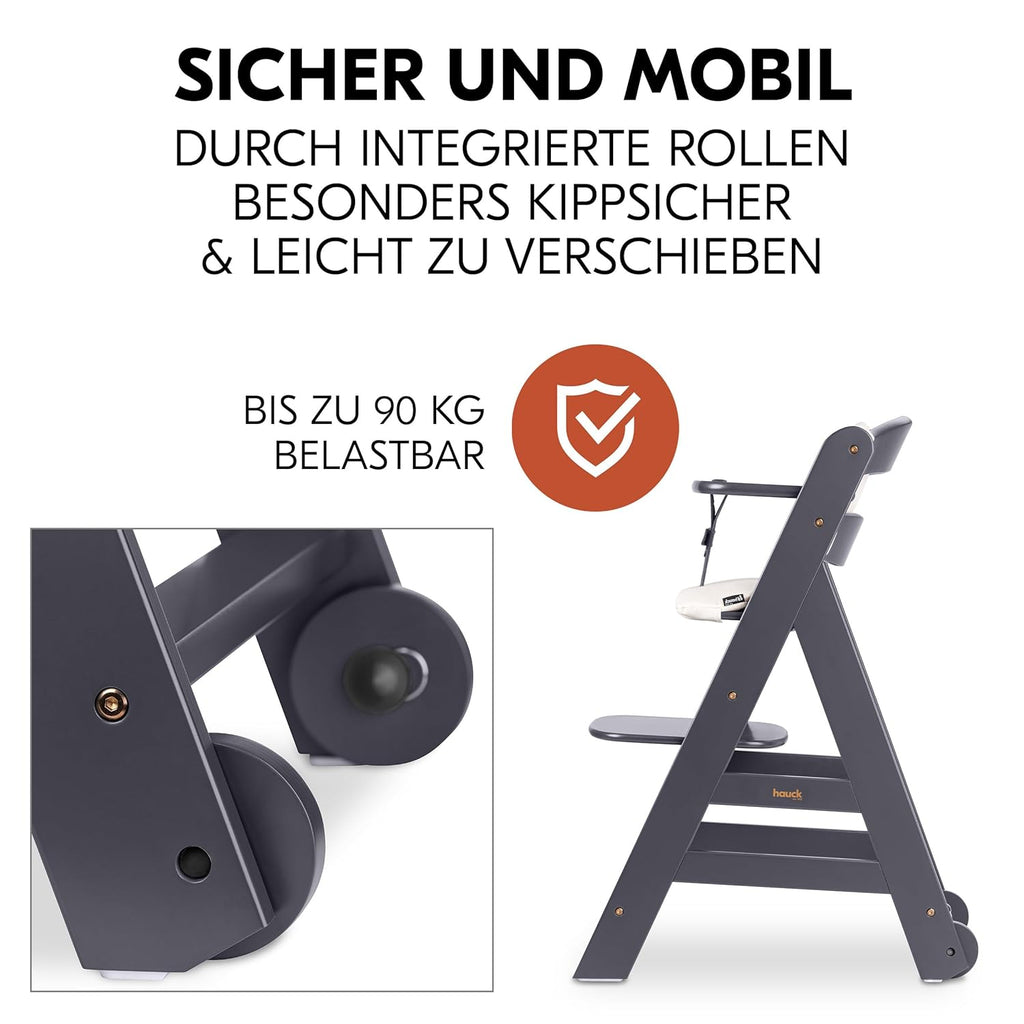 hauck Hochstuhl Beta+ Newborn Set Premium Dark Grey - Babyhochstuhl Set ab Geburt mit Neugeborenen Aufsatz Bouncer, Sitzpolster und Essbrett - Dark Grey