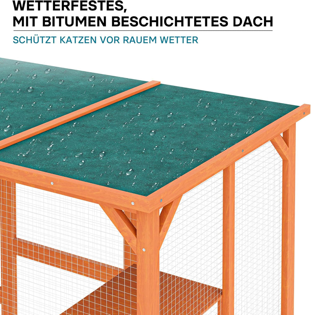Wiltec Freilaufgehege Katzen 168 x 82 x 166,5 cm mit 6 Liegeflächen, wetterfestes Katzengehege Garten, Katzenhaus mit Drahtgitter und Bitumen Dach