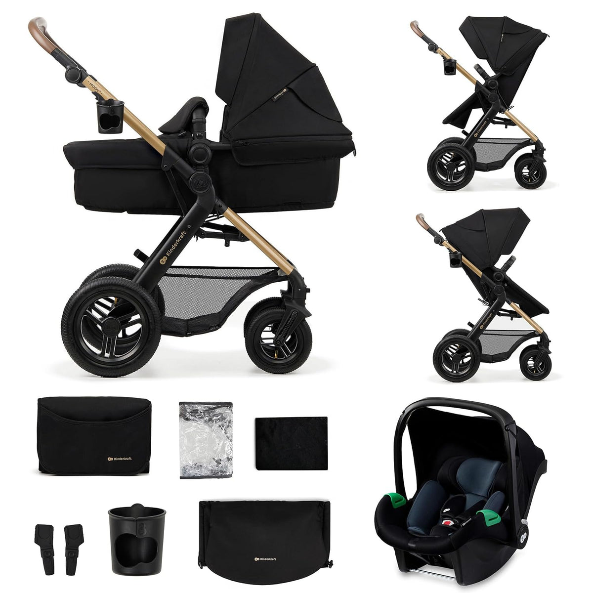 Kinderkraft MOOV2 AIR Kinderwagen 3 in 1 Kinderwagenset bis 26 kg mit Kindersitz I-SIZE 40-75 cm, Buggy Funktion, Liegeposition verstellbar, Große ausziehbare Verdeck, Aufblasbare Räder, Schwarz