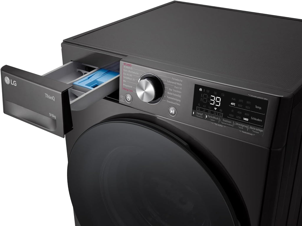 LG W4WR7096YB, Klasse D, Frontlader-Waschtrockner 9 - 6 kg, 62 x 60 x 85 cm, Wi-Fi, AI Direct Drive, Tiefenreinigung mit Dampf, TurboWash 360, Große Kapazität, Außentür aus gehärtetem Glas, Weiß