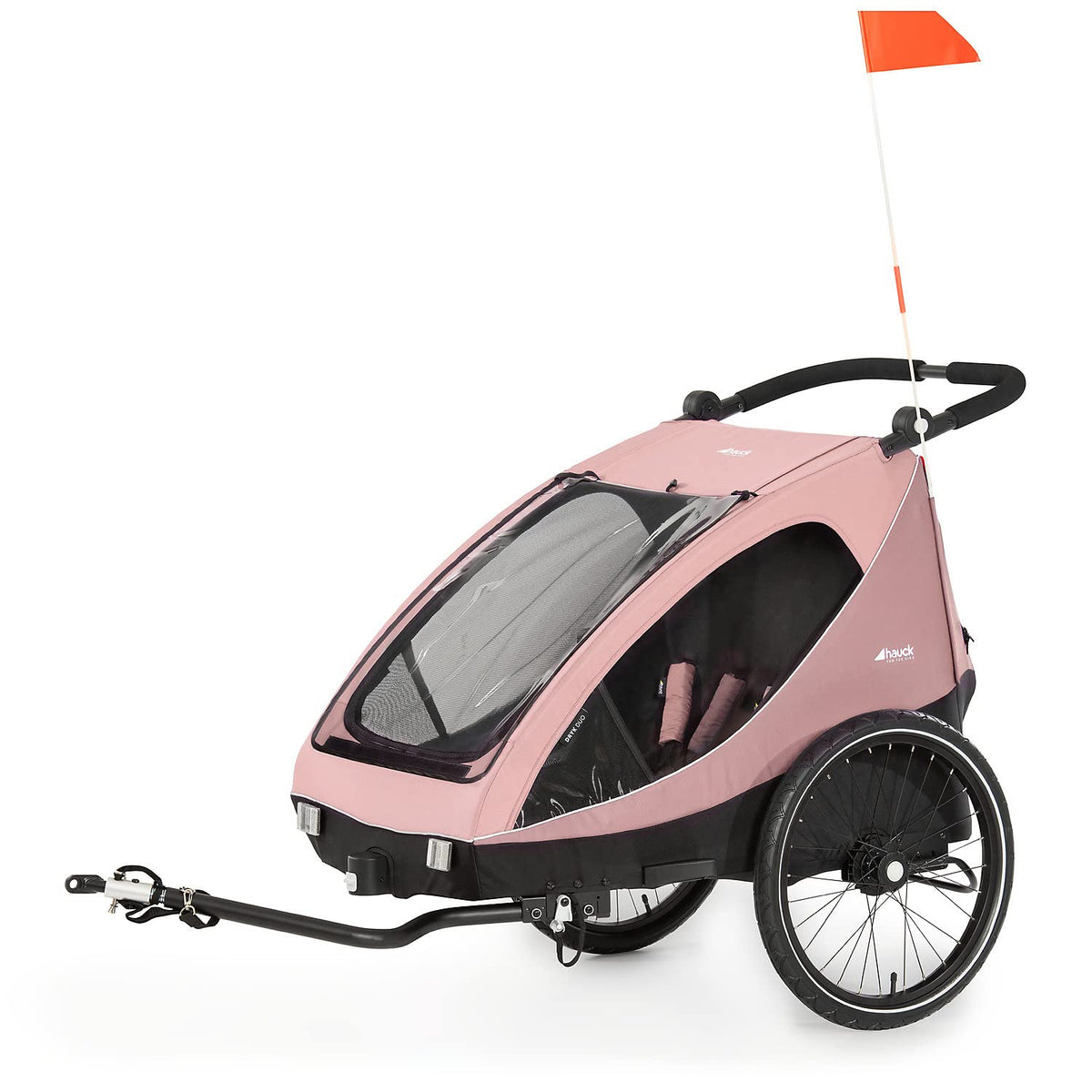 hauck Fahrradanhänger & Kinderwagen Dryk Duo Plus mit Federung, für 2 Kinder (6-48 Monate), inkl. Deichsel, Buggyrad, Fahne und LED Licht, Faltbar, Höhenverstellbar, XL Kofferaum (Dark Green)