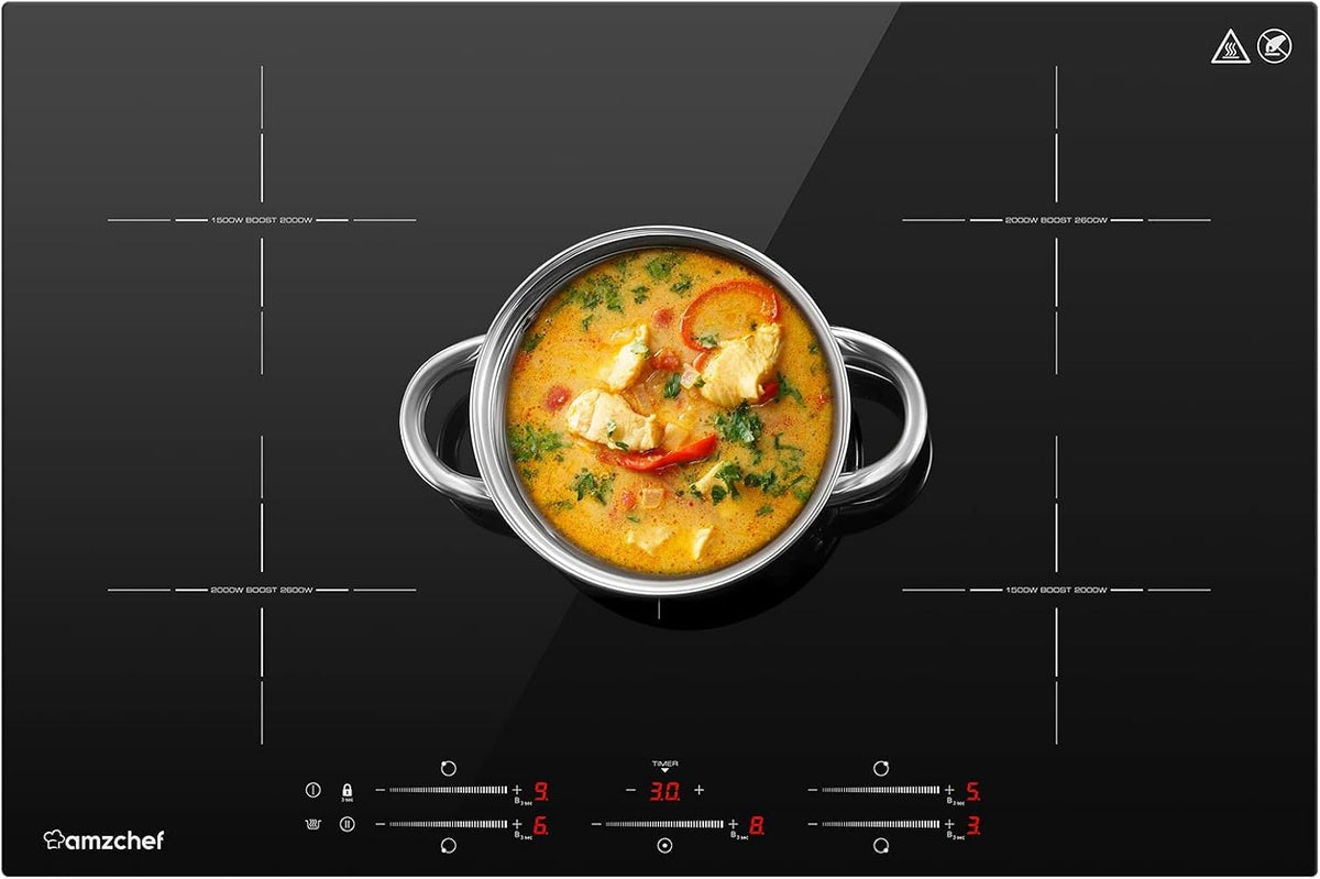 AMZCHEF Induktionskochfeld 5 Zonen Einbau Induktionskochplatte mit Booster und 9 Stufen, Pausenfunktion und warm halten, Induktion Kochfeld mit Slider-Steuerung, Multifunktions-Timer,7400W