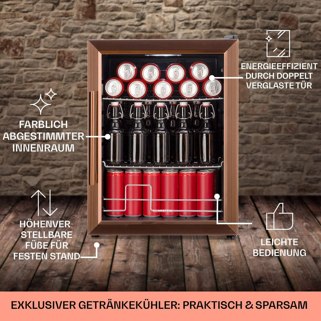 Klarstein Mini Kühlschrank mit Glastür für Zimmer, Getrnkekühlschrank mit Verstellbaren Ablagen, Kleiner 80 Liter, Indoor/Outdoor Kühlschrank Leise