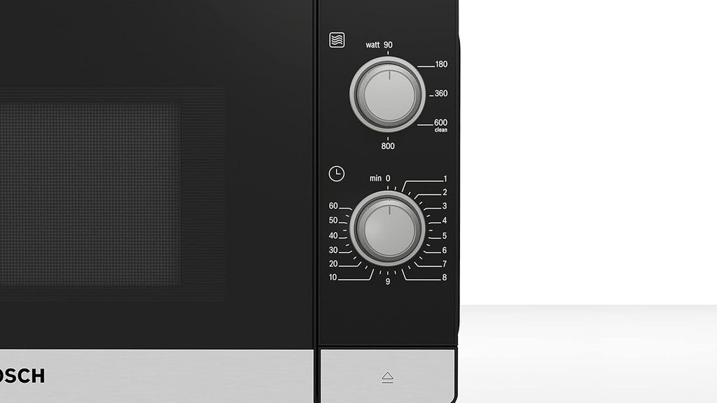 Bosch FFL023MS2 Serie 2 Mikrowelle, 26 x 44 cm, 800 W, Drehteller 27 cm, Türanschlag Links, AutoPilot 7 7 Automatikprogramme, Reinigungsunterstützung, LED-Touchdisplay, Edelstahl
