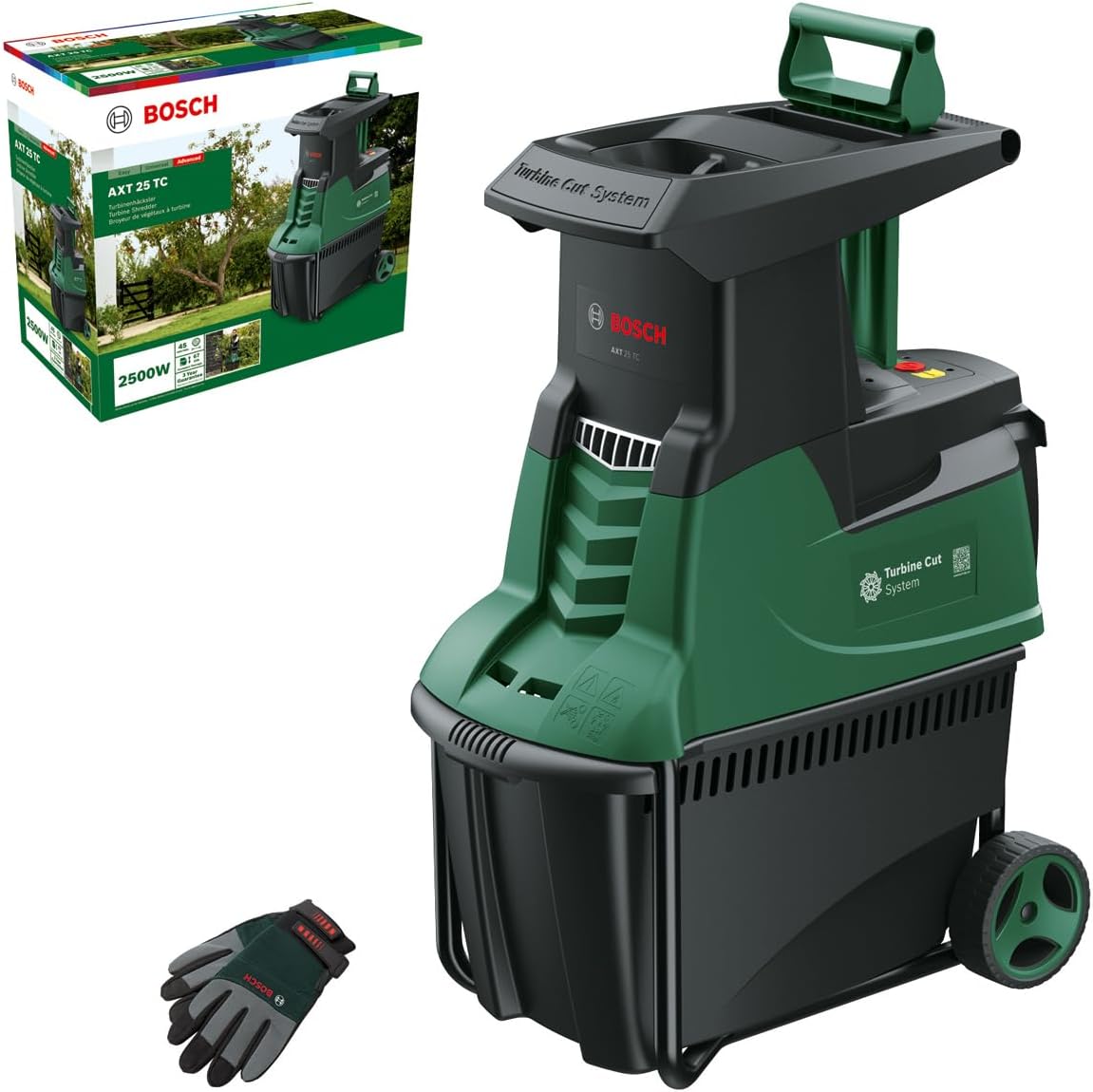 Bosch Turbinenhäcksler AXT 25 TC (2.500 W; geeignet für Holz und harte Gartenabfälle; inklusive Gartenhandschuhe; integrierte Fangbox 53 l; in Karton) –   Edition