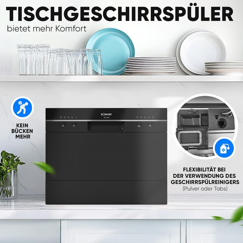 Bomann Mini Geschirrspüler mit Wasseranschluss | inkl. Schlauch | Tisch Geschirrspüler leise | Mini Spülmaschine für kleine Küchen/Camping | Spülmaschine klein m. Überlaufsicherung | TSG 7405 schwarz