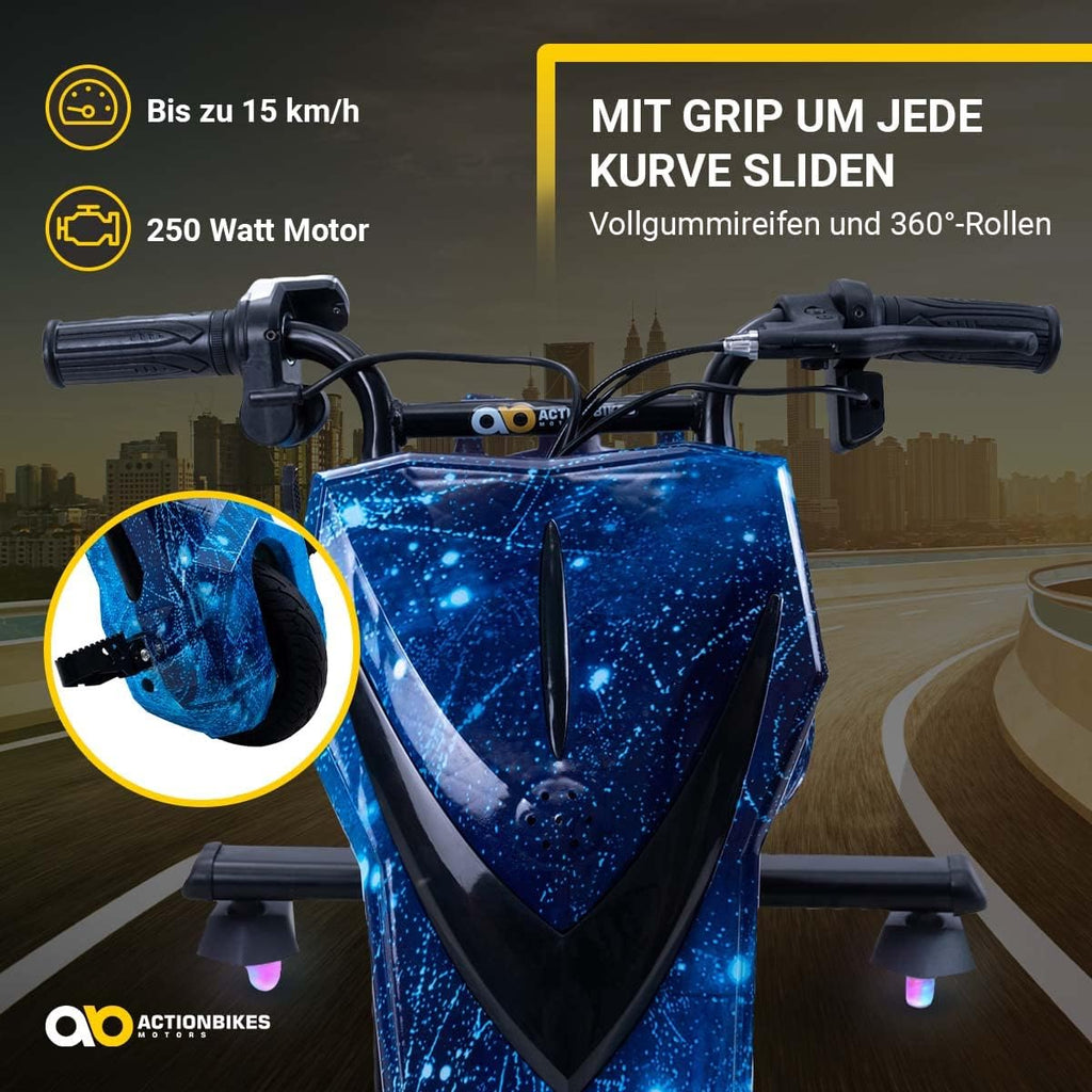 Actionbikes Motors Kinder Elektro Driftscooter | 𝟐𝟓𝟎 Watt Motor - Drift Cart 360°- 3 Geschwindigkeitsstufen - LED-Beleuchtung - Sitz verstellbar - Bluetooth - Drift Kart - Drift Auto (Space Purple)