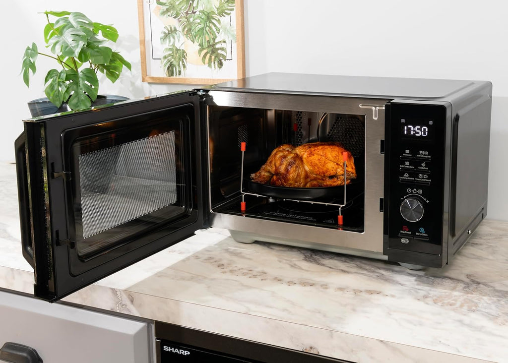 Sharp RCA271TB 5-in-1 Airfry-Mikrowelle 900W, Grill 1000 W, Heißluft & AirFry-Funktion, Konvektion 2100W, 27 L, 28 Autom.pr., Gewicht und zeitgesteuertes Auftauen, Schwarz