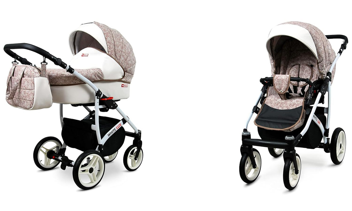 BabyLux® Bambimo Kinderwagen Set 3 in 1 - White Lux - incl. Babywanne, Buggy Sportsitz, Auto-Babyschale - Autositz - Kinderwagenset - Kombikinderwagen mit Wickeltasche, Regenschutz usw.