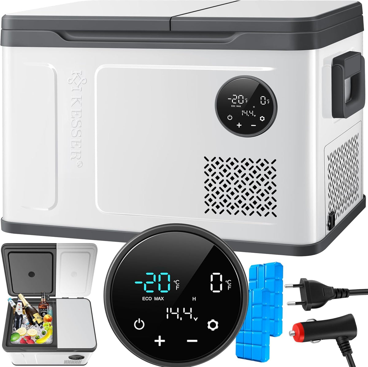 KESSER® Kompressor Kühlbox 2in1 Doppelzone Kühl & Gefrierfach elektrische Gefrierbox mit 2x Kühlakkus & LED-Touch-Bedienung | Kühlschrank Kühlung bis -20 °C für Camping, Auto, Lkw 12/24V 230V
