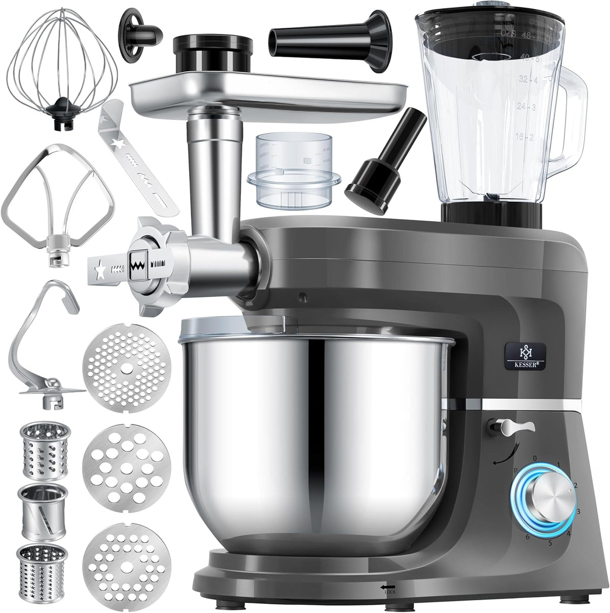 KESSER® 3 in 1 Universal Küchenmaschine K-KM 3000 mit Fleischwolf Knetmaschine Multifunktionale Rührmaschine 5,5L Schüssel mit 3 Rührwerkzeuge, 1,5L Entsafter, Zubehör-Set, Pasta & Gebäckformen