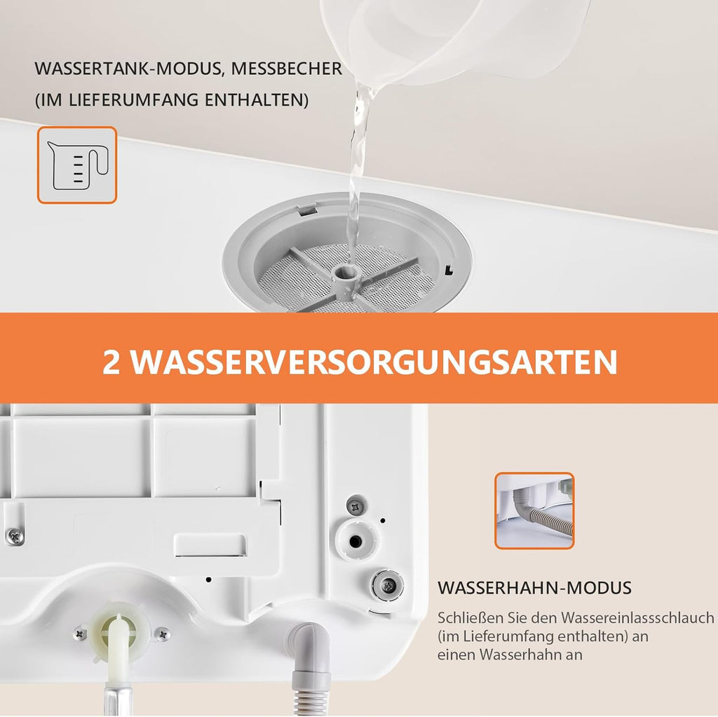 Karlxtom TDQR03A Mini Geschirrspüler, 6 Programme freistehender Tischgeschirrspüler, Spülmaschine mit 2 Wasserversorgungsmodi, Auto-Trocknung, Perfekt für kleine Familien und Paare