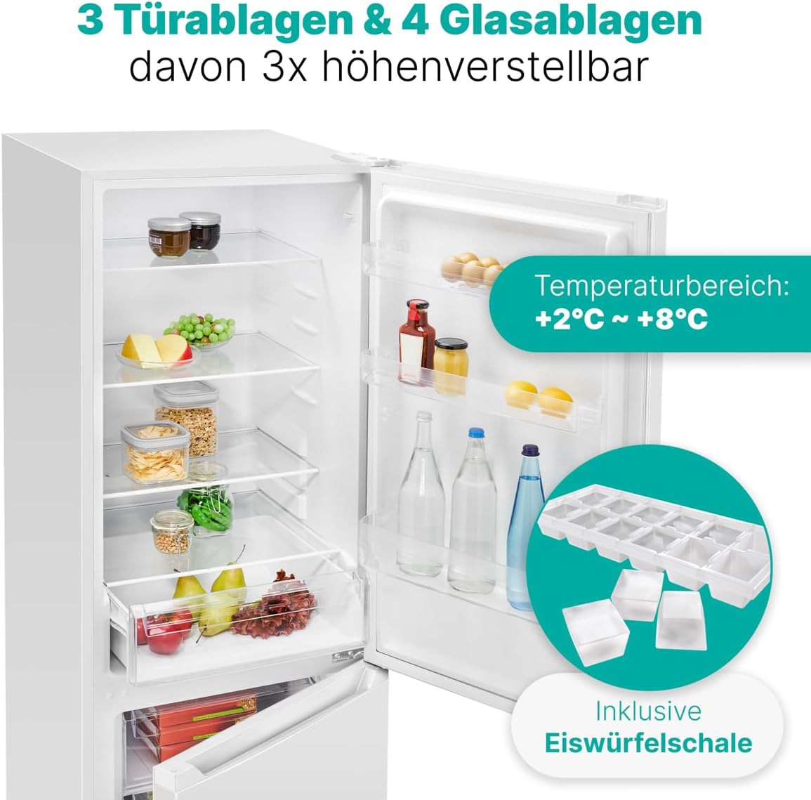 Bomann® Kühlgefrierkombination, 269 L Nutzinhalt - Kühlen: 198 L | Gefrieren: 71 L, Energiesparend, leise 39 dB, LED, wechselbarer Türanschlag, Höhe:180 x Breite: 55 x Tiefe: 55.8 cm - KG 184.1 weiß