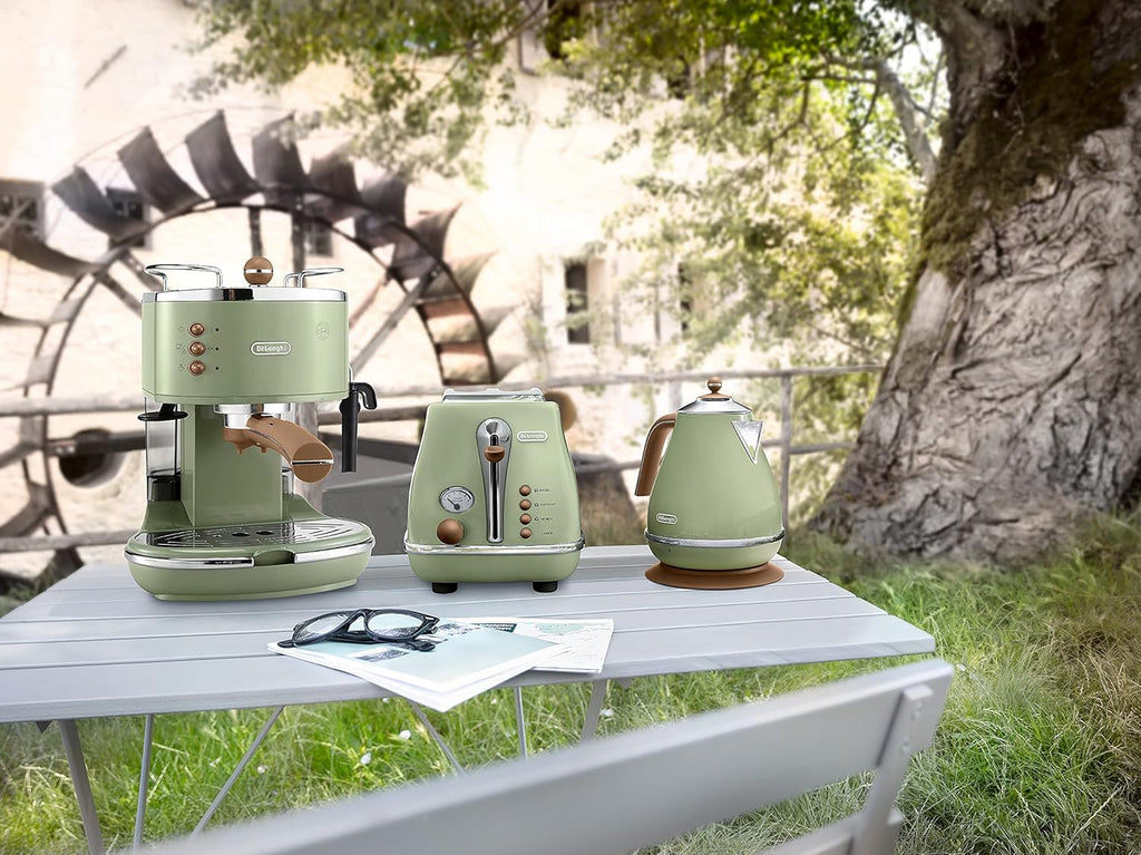 De'Longhi Icona Vintage ECOV 311.GR – Espresso Siebträgermaschine im RetroLook, Espressomaschine mit manuellem Milchaufschäumer, für Kaffeepulver oder ESE Pads, 1,4 l Wassertank, grün