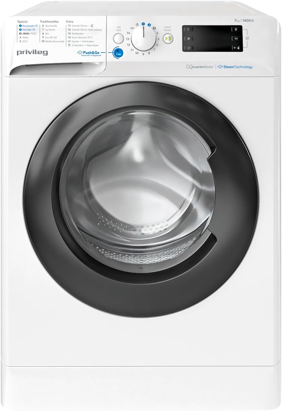 Privileg PWFV X 753 N Waschmaschine Frontlader/1400 U/min/7 kg/EEK B/Push & Go Steam/Schnell 20°/40°/60°, Express 30', Kurz 45'/Inverter-Motor/Mehrfachwasserschutz/Water Balance Plus
