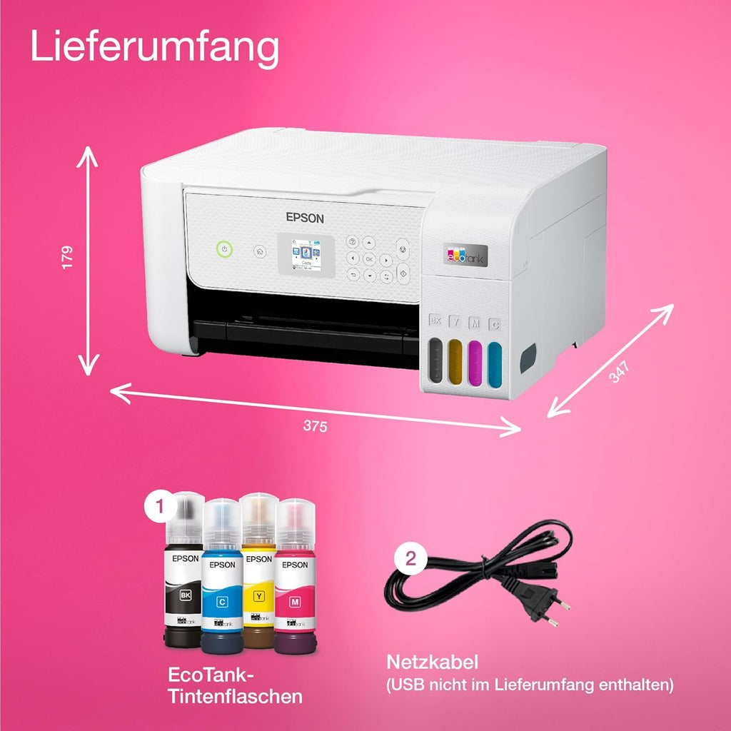 Epson EcoTank ET-2870 A4-Multifunktions-Wi-Fi-Tintentankdrucker, mit einem im Lieferumfang enthaltenen Vorrat an Tinten bis zu 3 Jahren