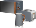 Swan Nordic Frühstücksset, Wasserkocher, 1,7 l, 2200 W, Breitschlitz-Toaster, 2 Scheiben, digitale Mikrowelle 20 l, modernes Design, Holzoptik, grau