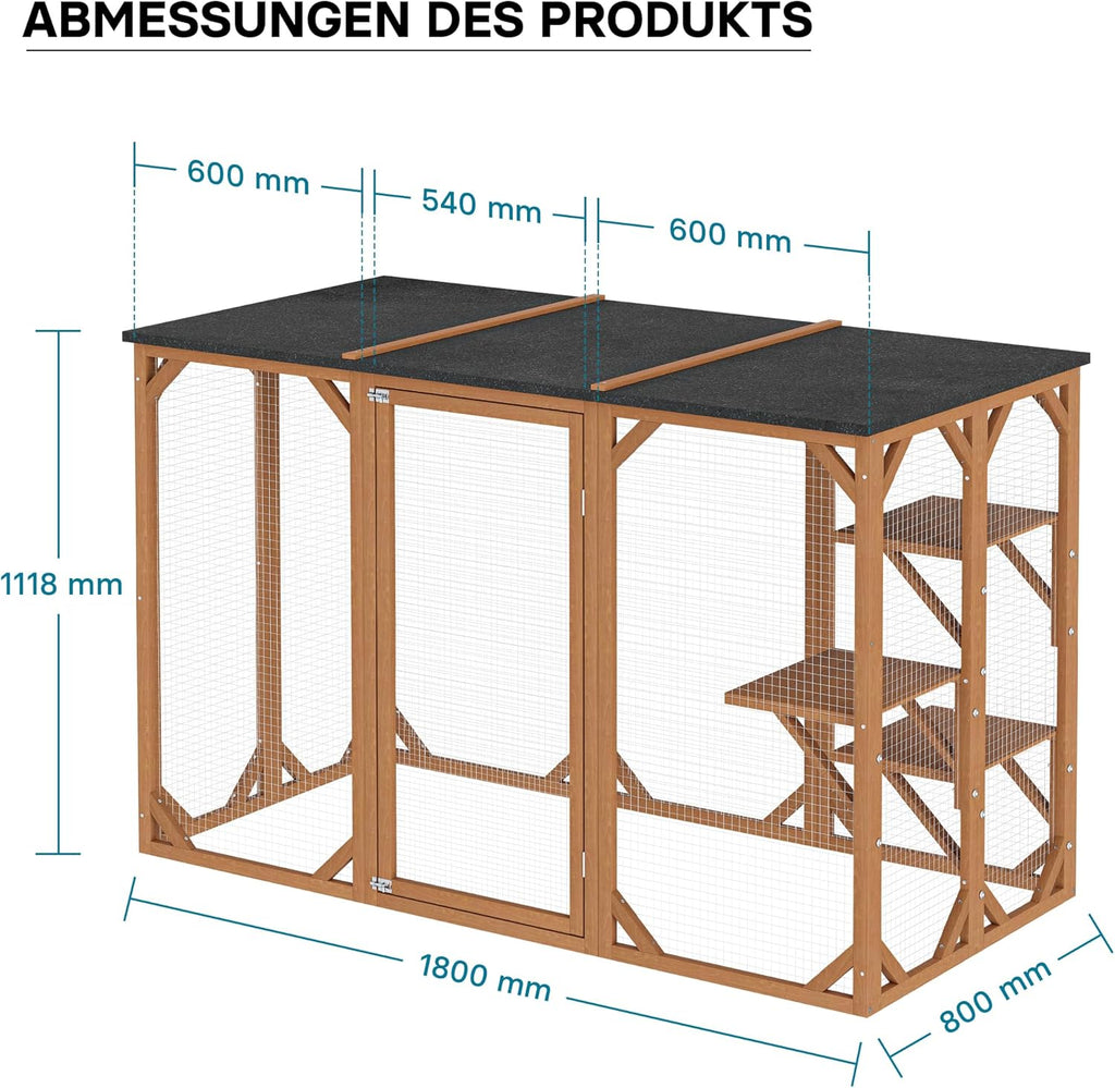 Wiltec Freilaufgehege Katzen 168 x 82 x 166,5 cm mit 6 Liegeflächen, wetterfestes Katzengehege Garten, Katzenhaus mit Drahtgitter und Bitumen Dach