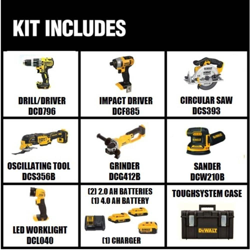 DEWALT 20V MAX Cordless 7 Tool Combo Kit with TOUGHSYSTEM Case, (1) 20V 4.0Ah Battery and (2) 20V 2.0Ah Batteries DCKTS781D2M1 sgtnighsdesigns
