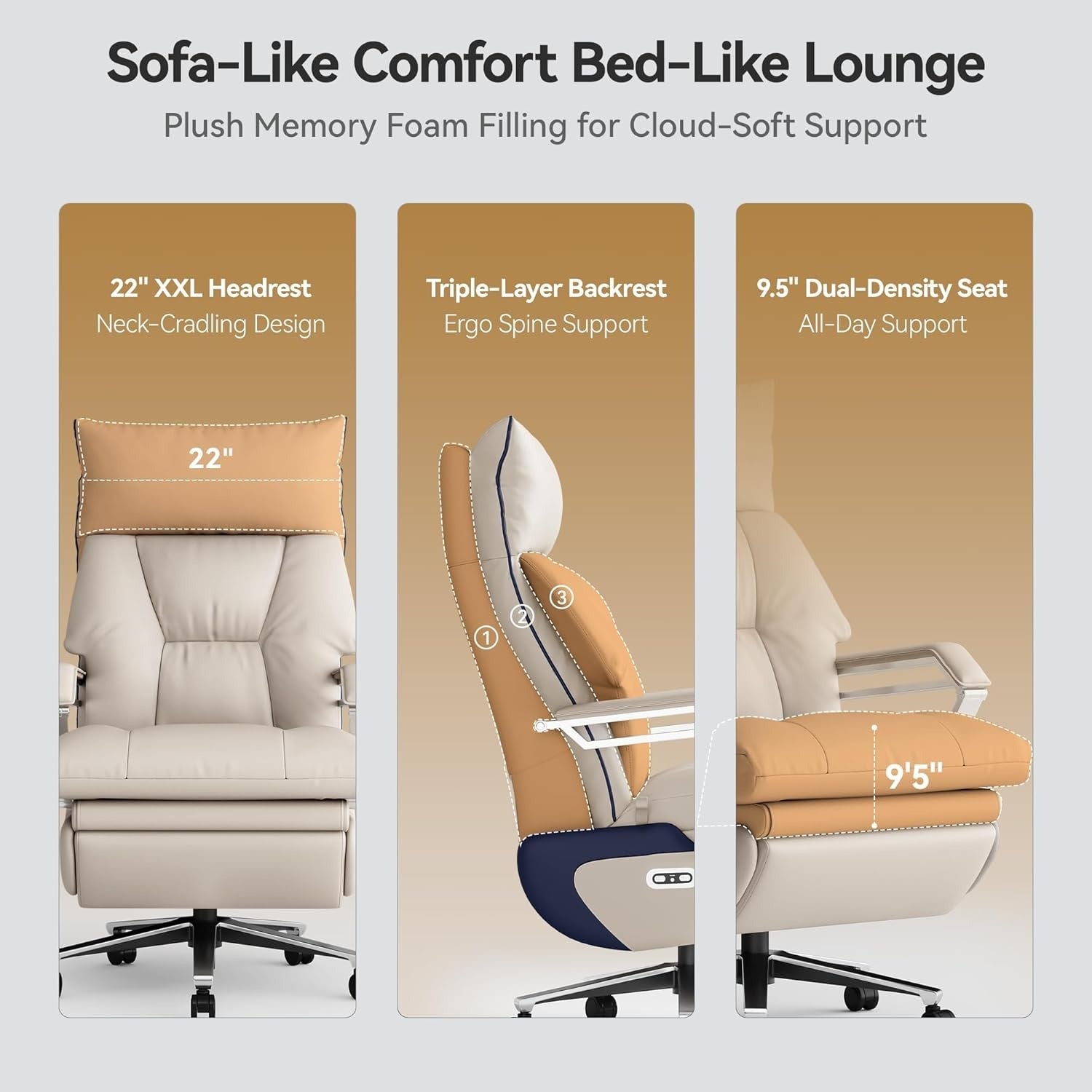 M80 executive chair with two motors and footrest, for tall and heavy people, up to 190 kg, beige