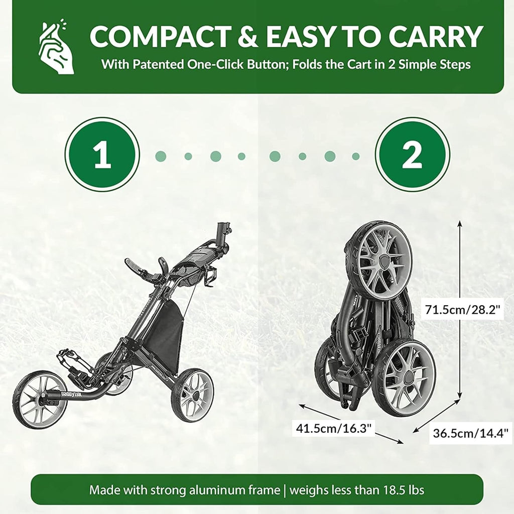 3Wheel Golf Push Cart - Golf Trolley Foldable Collapsible Lightweight Pushcart with Foot Brake - Easy to Open & Close