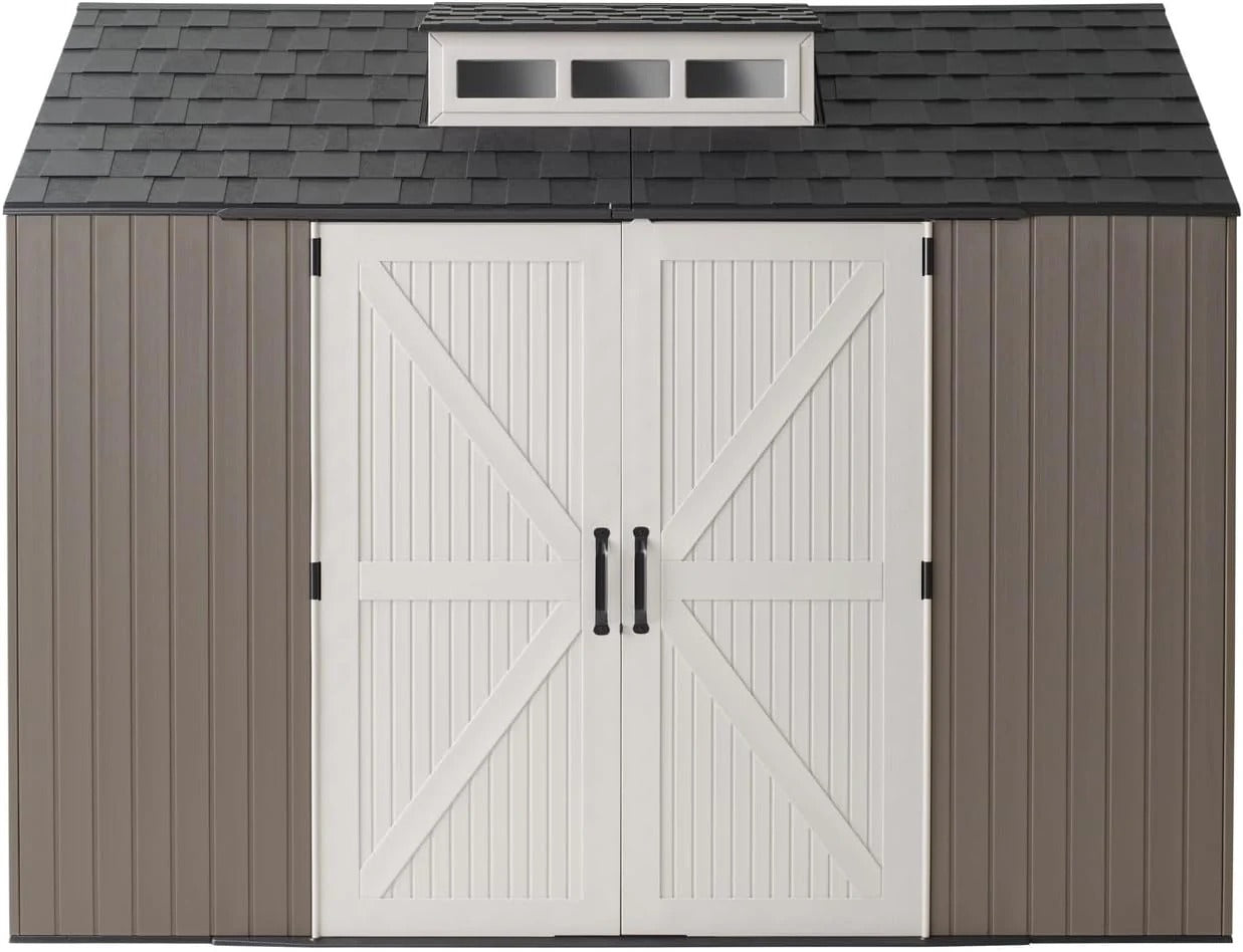 Rubbermaid resin garden shed with floor (2.13 x 2.13 m), weatherproof, grey, for storing garden tools, lawnmowers, bicycles and pool accessories