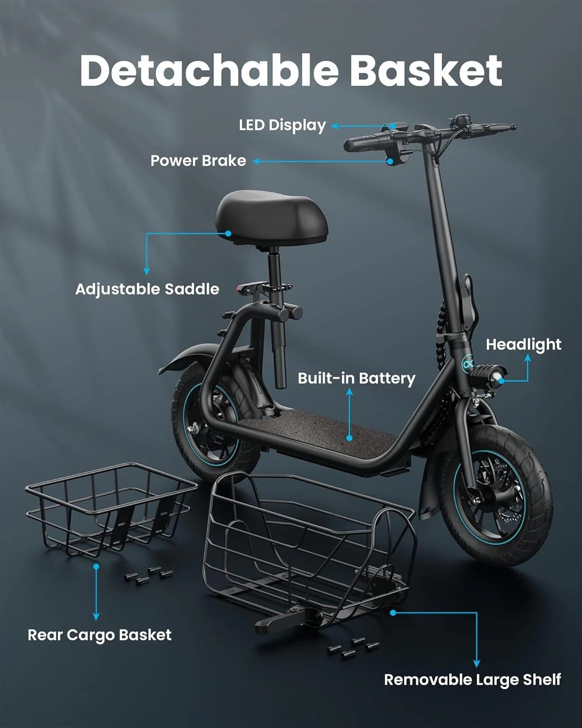 Electric scooter for adults with large center basket