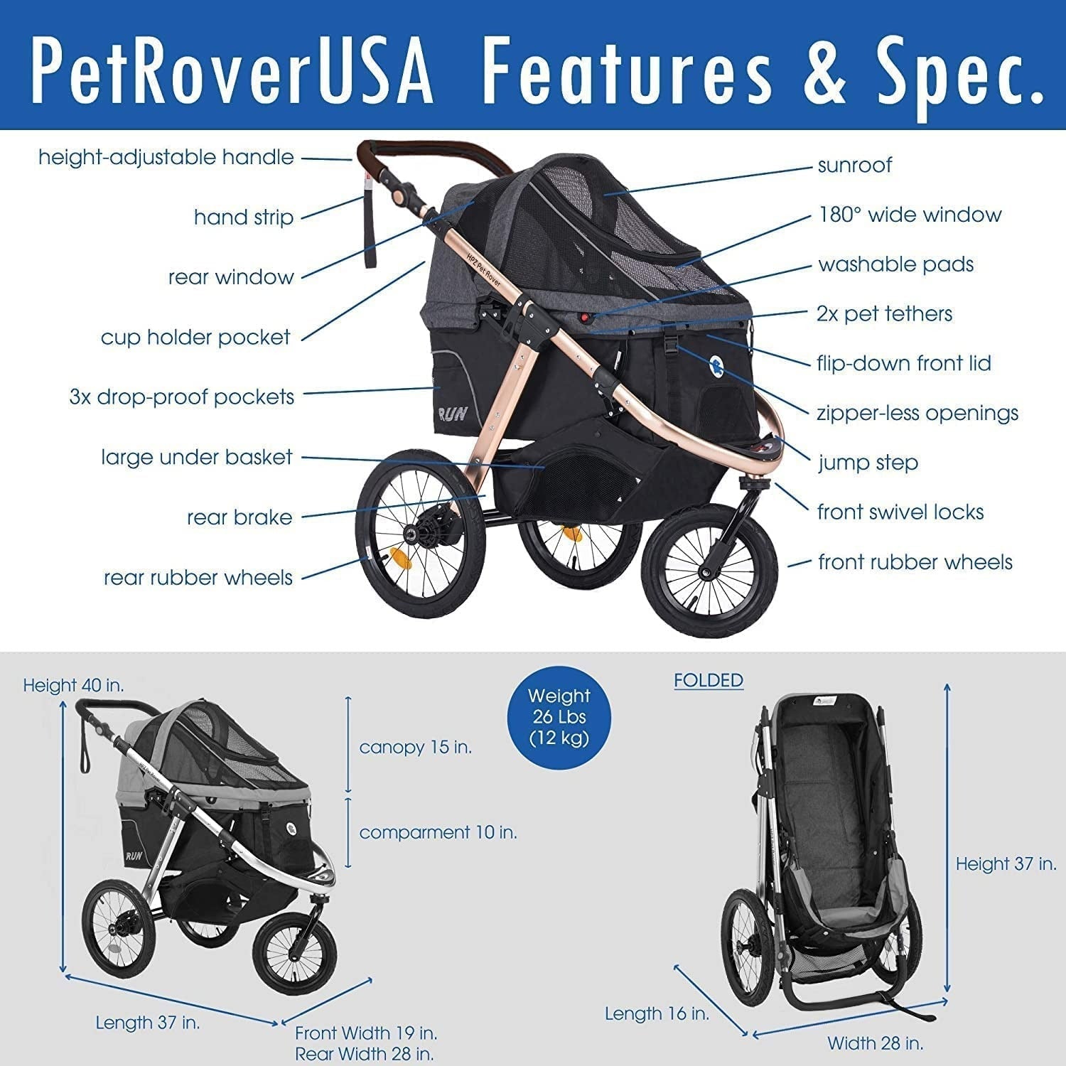 Jogging Sports Stroller with Comfort Rubber Wheels/Zipper-Less Entry/1-Hand Quick Fold/Aluminum Frame for Small/Medium Dogs, Cats and Pets (Green Camo)
