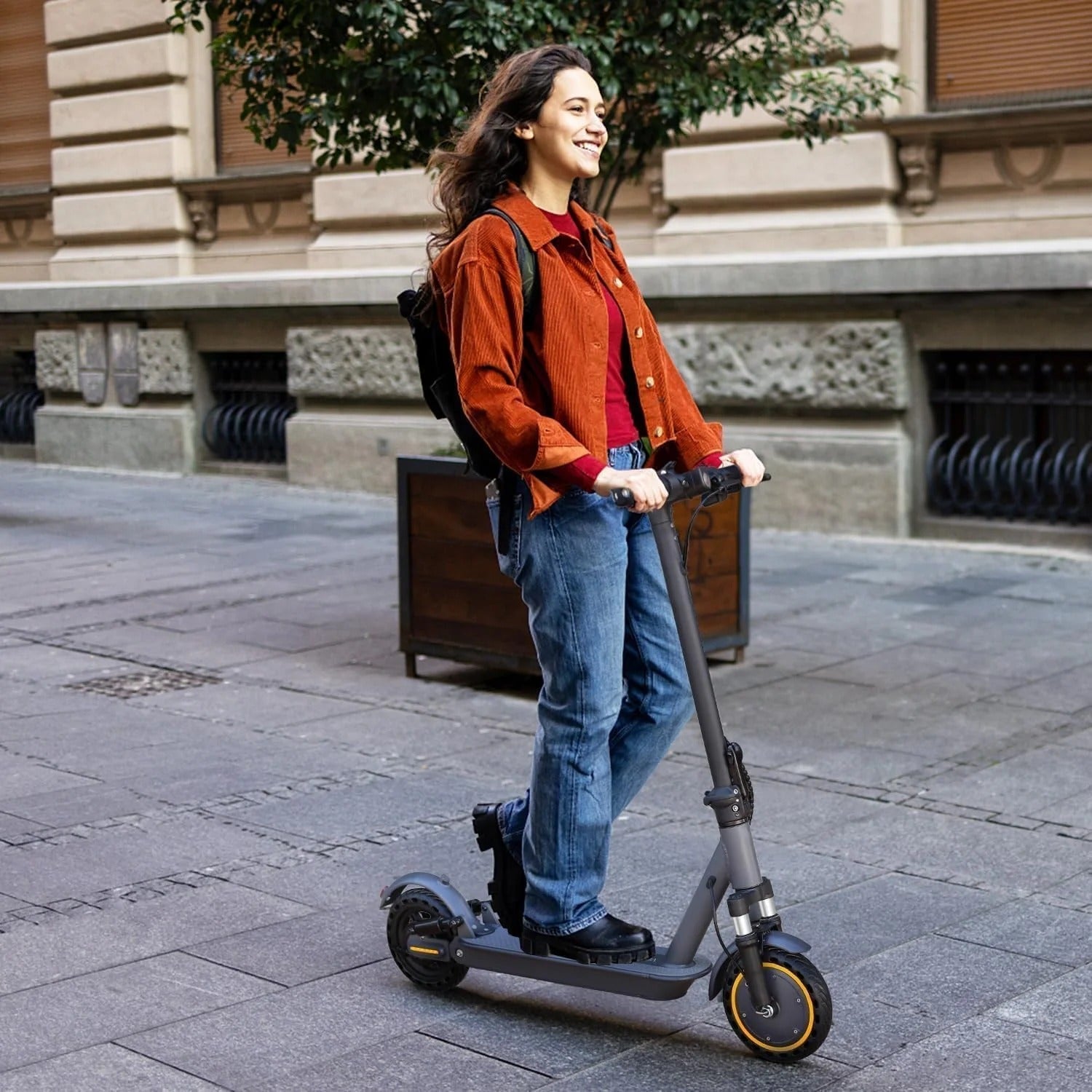 Electric scooter, 350W/500W powerful motor, 8.5"/10" solid rubber tires, 19/22 mph, 28/21/12 mile range, dual brakes
